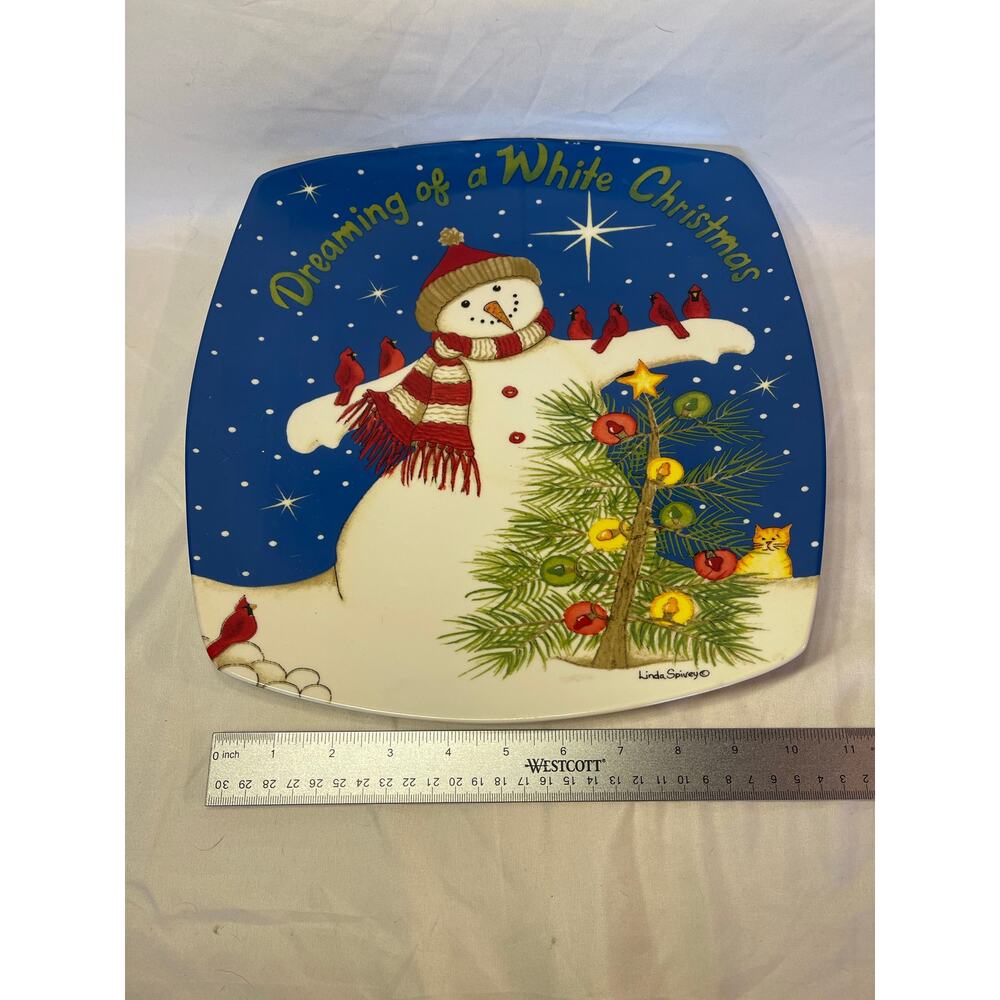 Linda Spivey White Christmas Rounded Square Snowman Serving Platter 11-3/4”